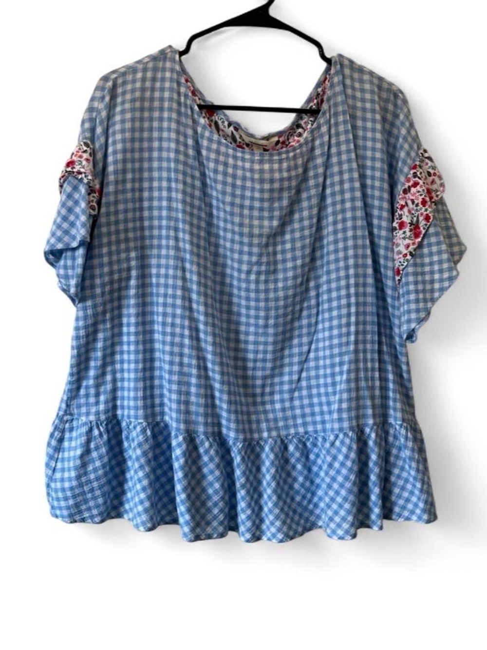 Women’s XL Matilda Jane Rural Gingham Short Sleeve Floral Ruffle Tunic Blouse